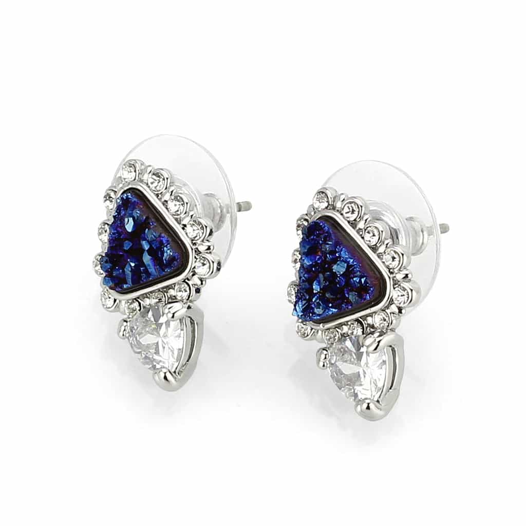 Brass Blue Druzy Triangle CZ Stud Earrings view 1