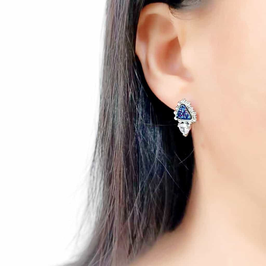Brass Blue Druzy Triangle CZ Stud Earrings view 2