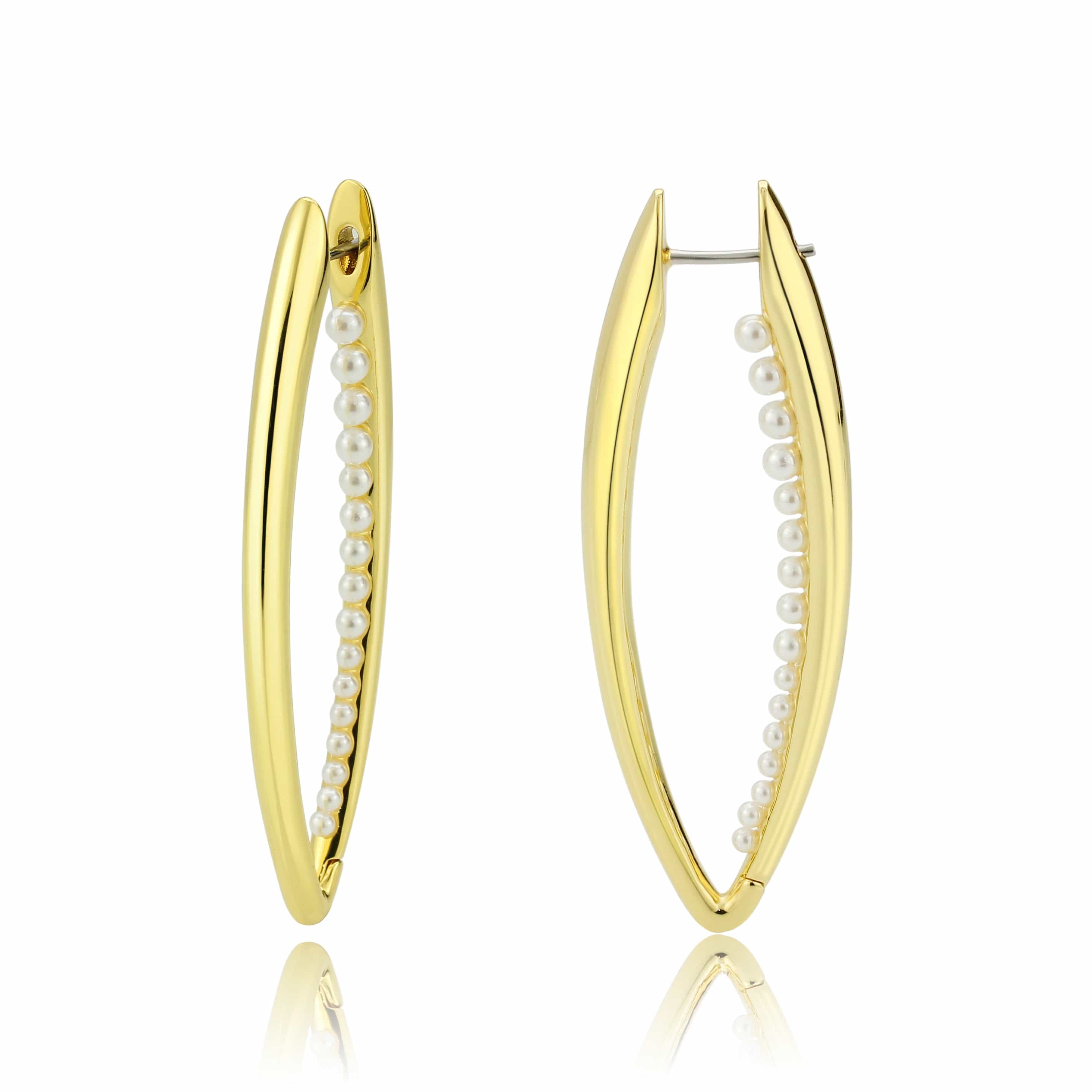 Brass Gold Pearl Channel Elongated Hoop Earrings view 1