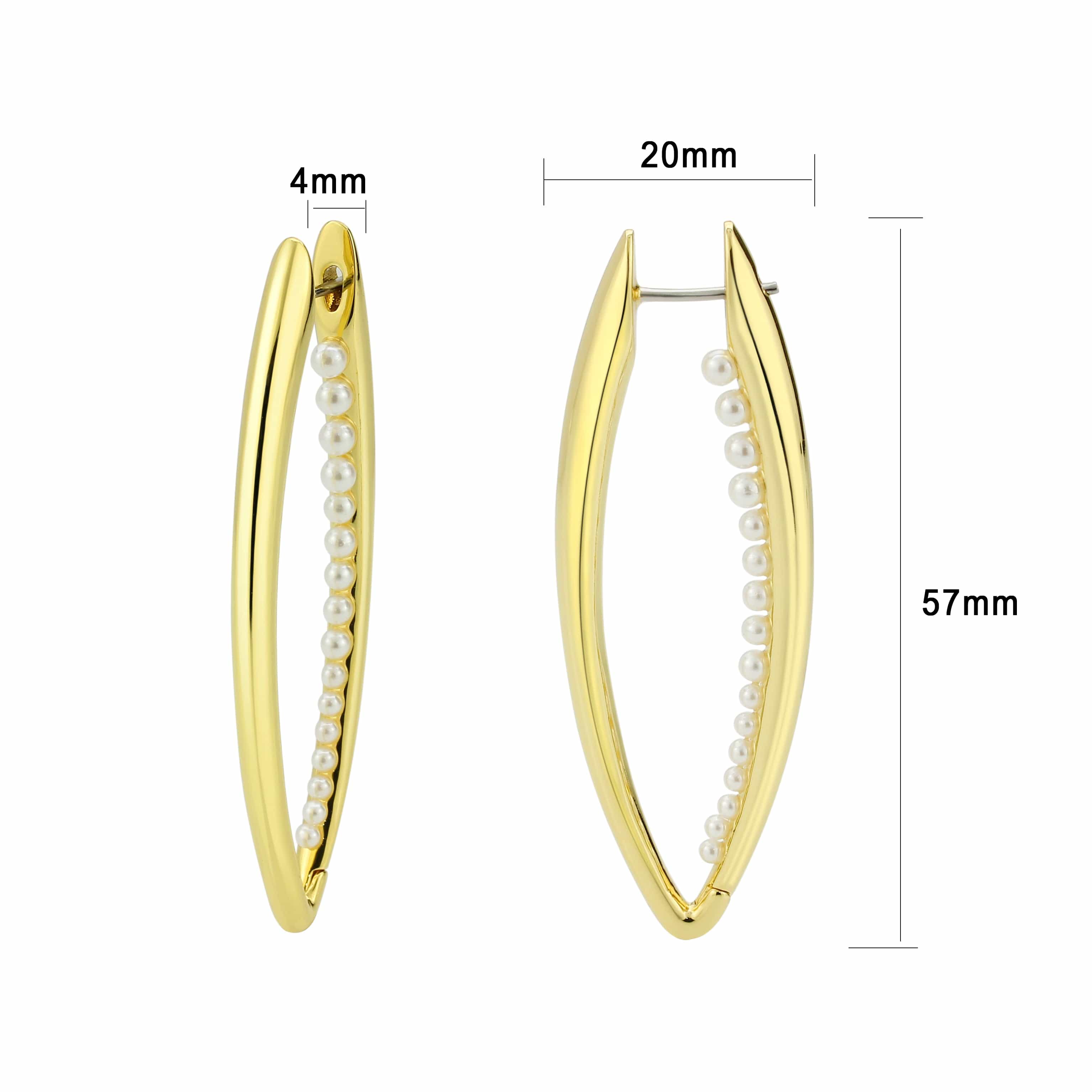 Brass Gold Pearl Channel Elongated Hoop Earrings view 2