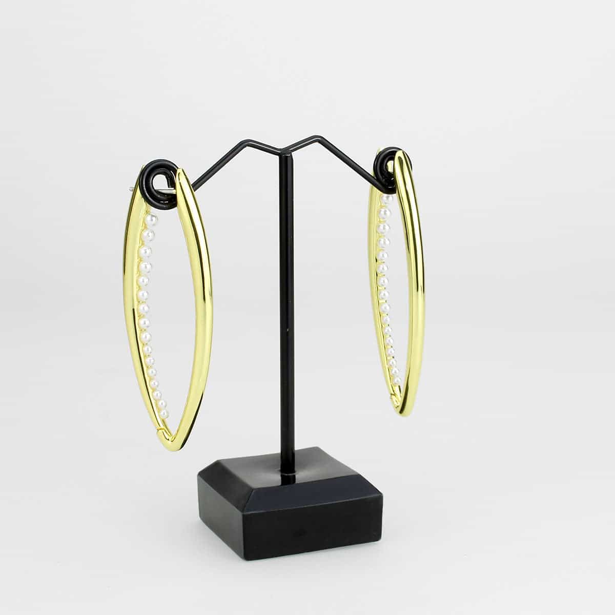 Brass Gold Pearl Channel Elongated Hoop Earrings view 3