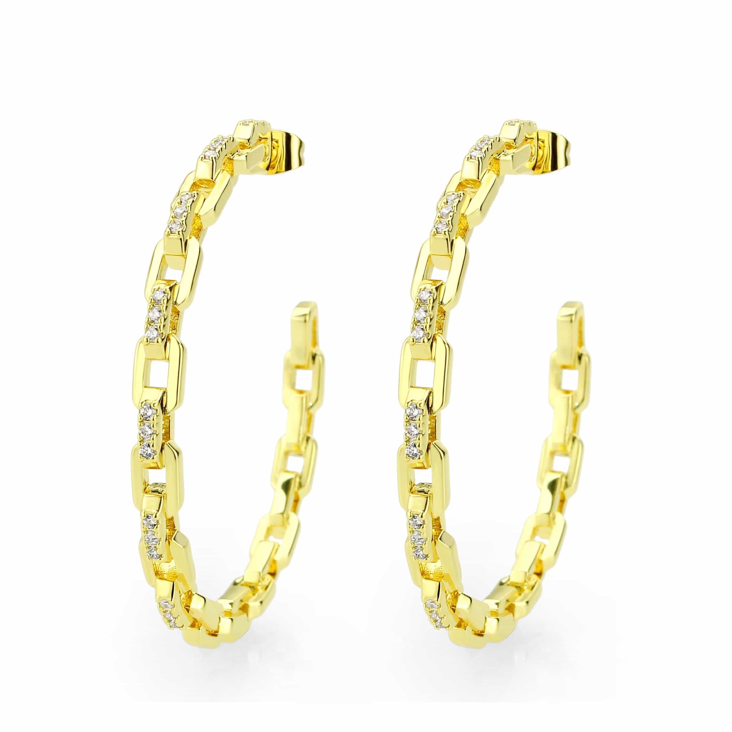 Brass Gold CZ Chain Link Open Hoop Earrings view 1