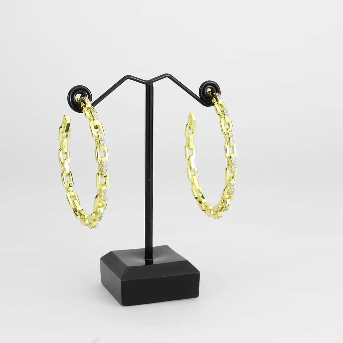 Brass Gold CZ Chain Link Open Hoop Earrings view 3
