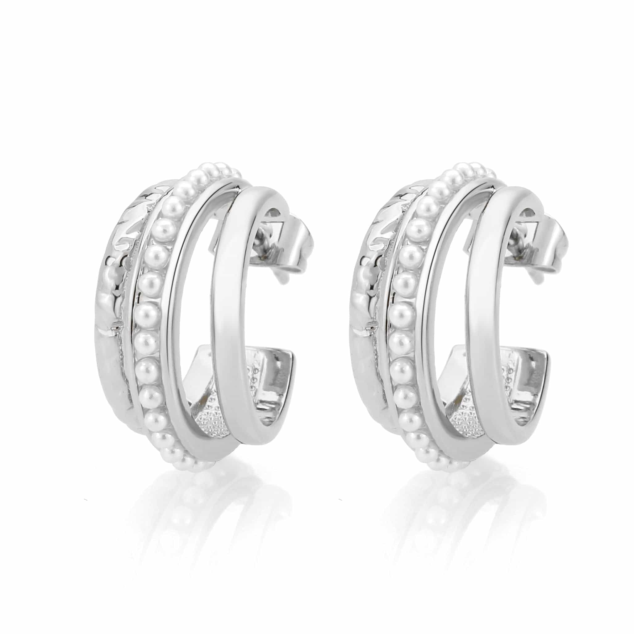 Brass Pearl Triple Row Huggie Earrings | The Stainless Jewelry view 1