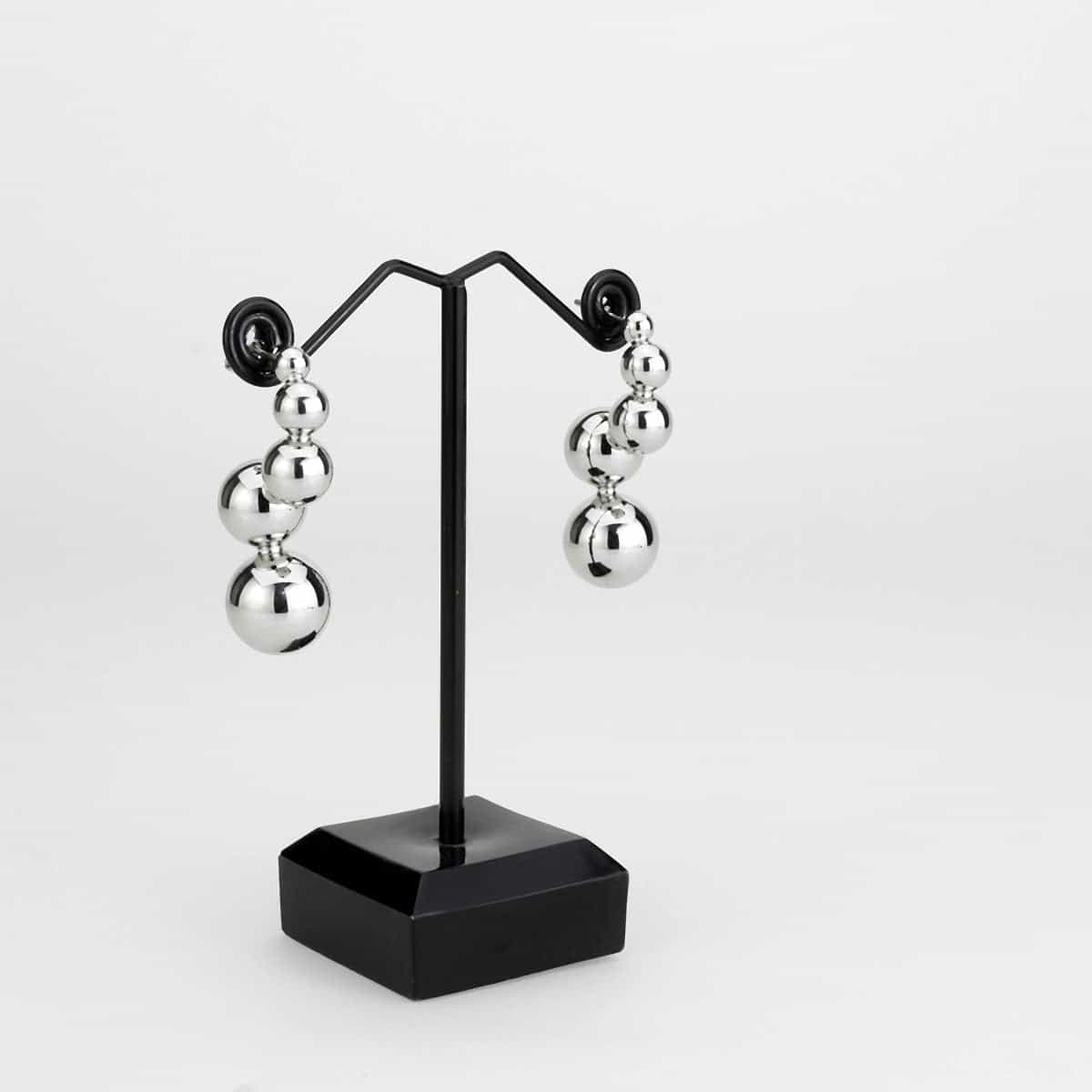 Brass Silver Triple Ball Drop Stud Earrings view 3
