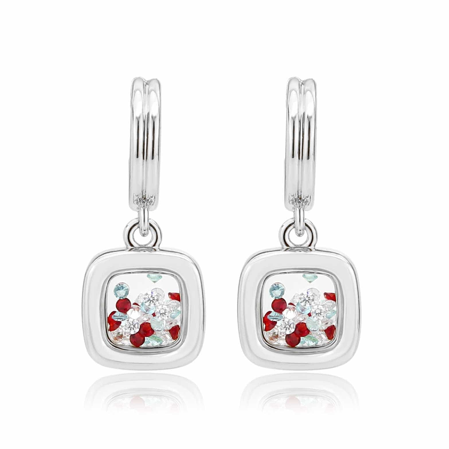 Brass Multicolor CZ Flower Square Charm Drop Earrings view 3