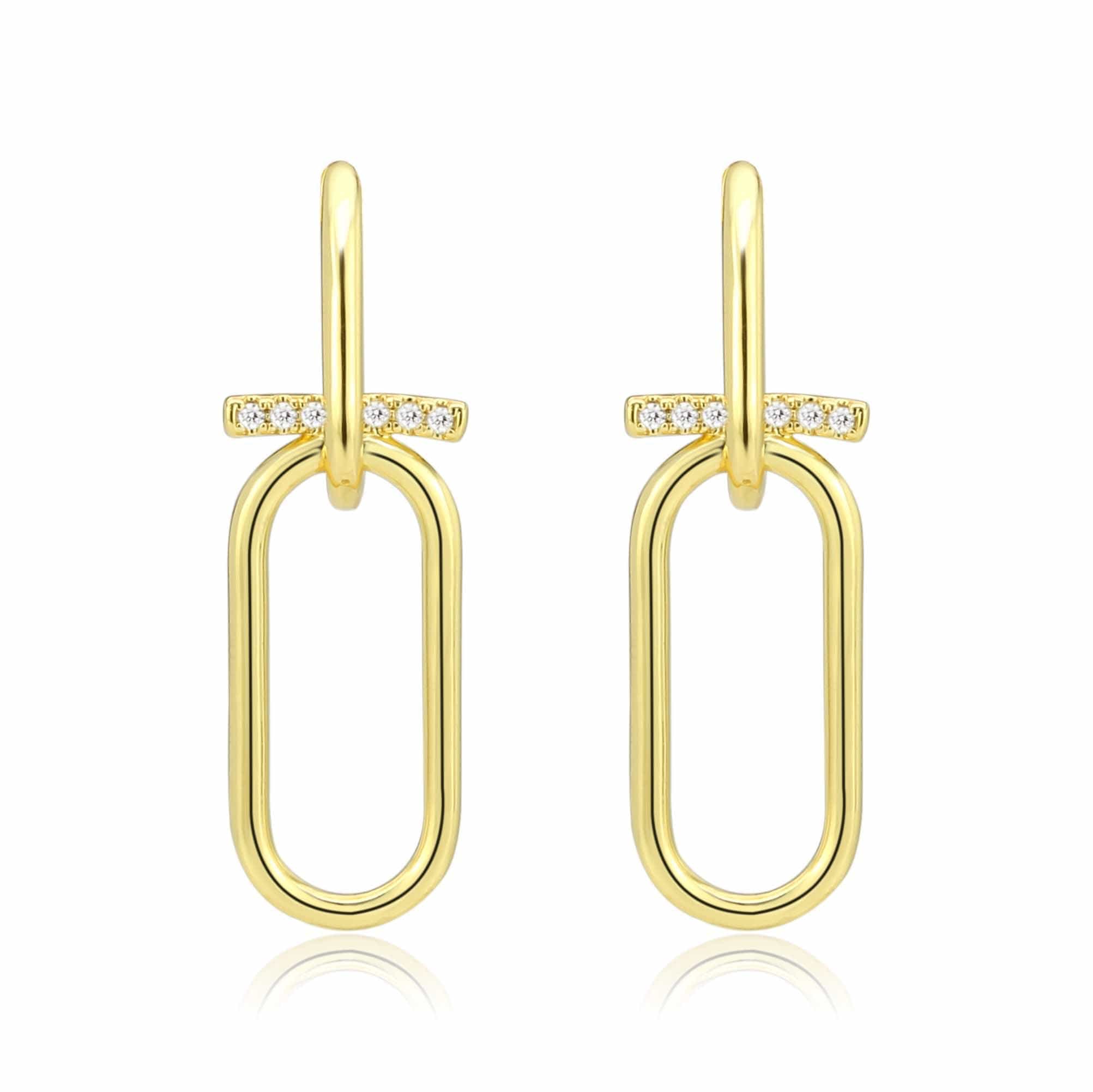 Brass Gold CZ Bar Paperclip Link Drop Earrings view 1