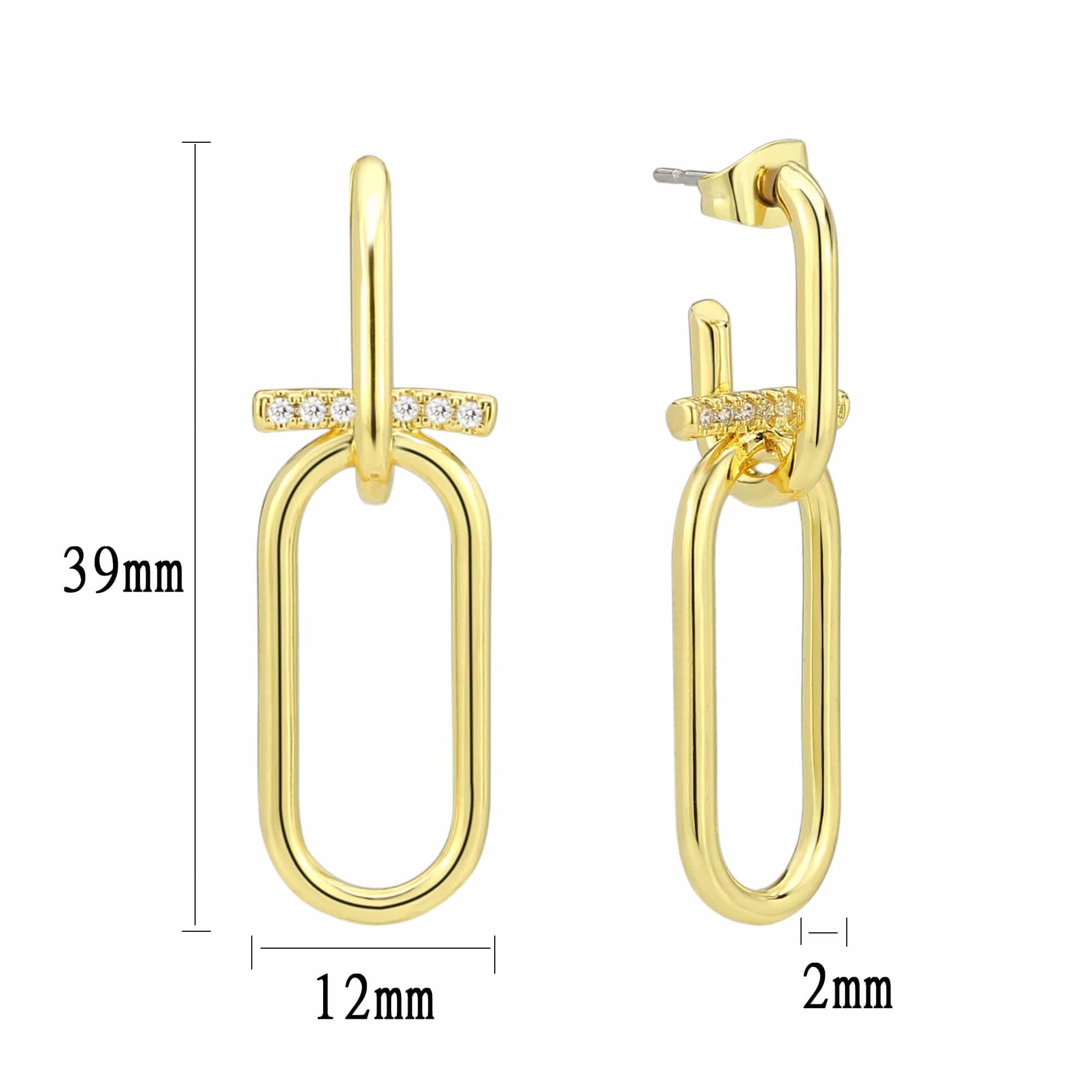 Brass Gold CZ Bar Paperclip Link Drop Earrings view 3