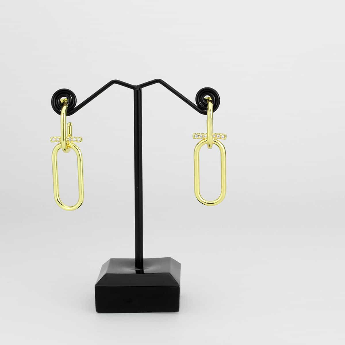 Brass Gold CZ Bar Paperclip Link Drop Earrings view 2