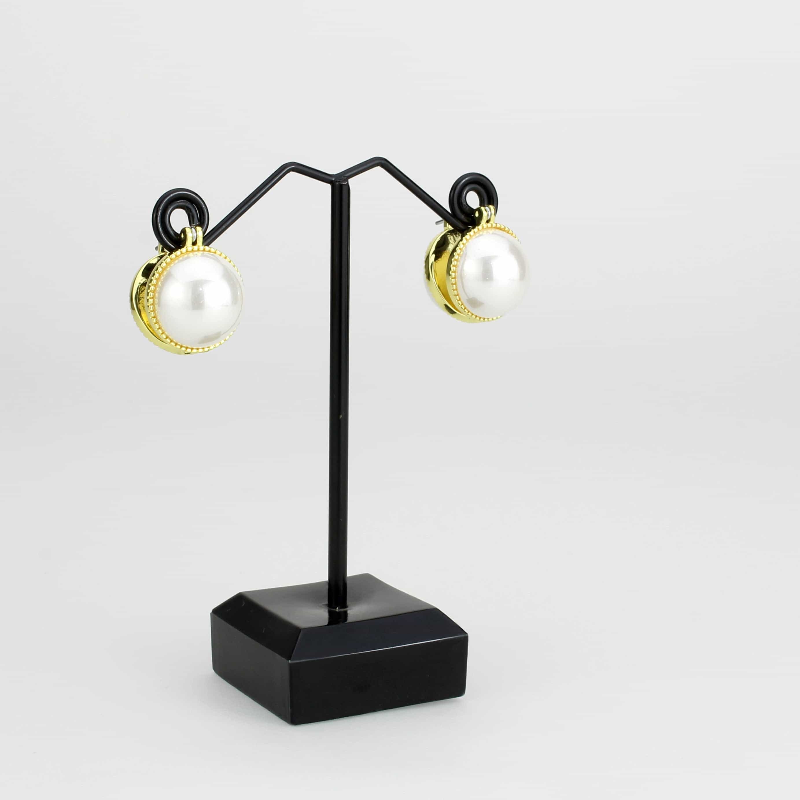 Brass Gold Pearl CZ Bezel V-Stud Earrings | The Stainless Jewelry view 2
