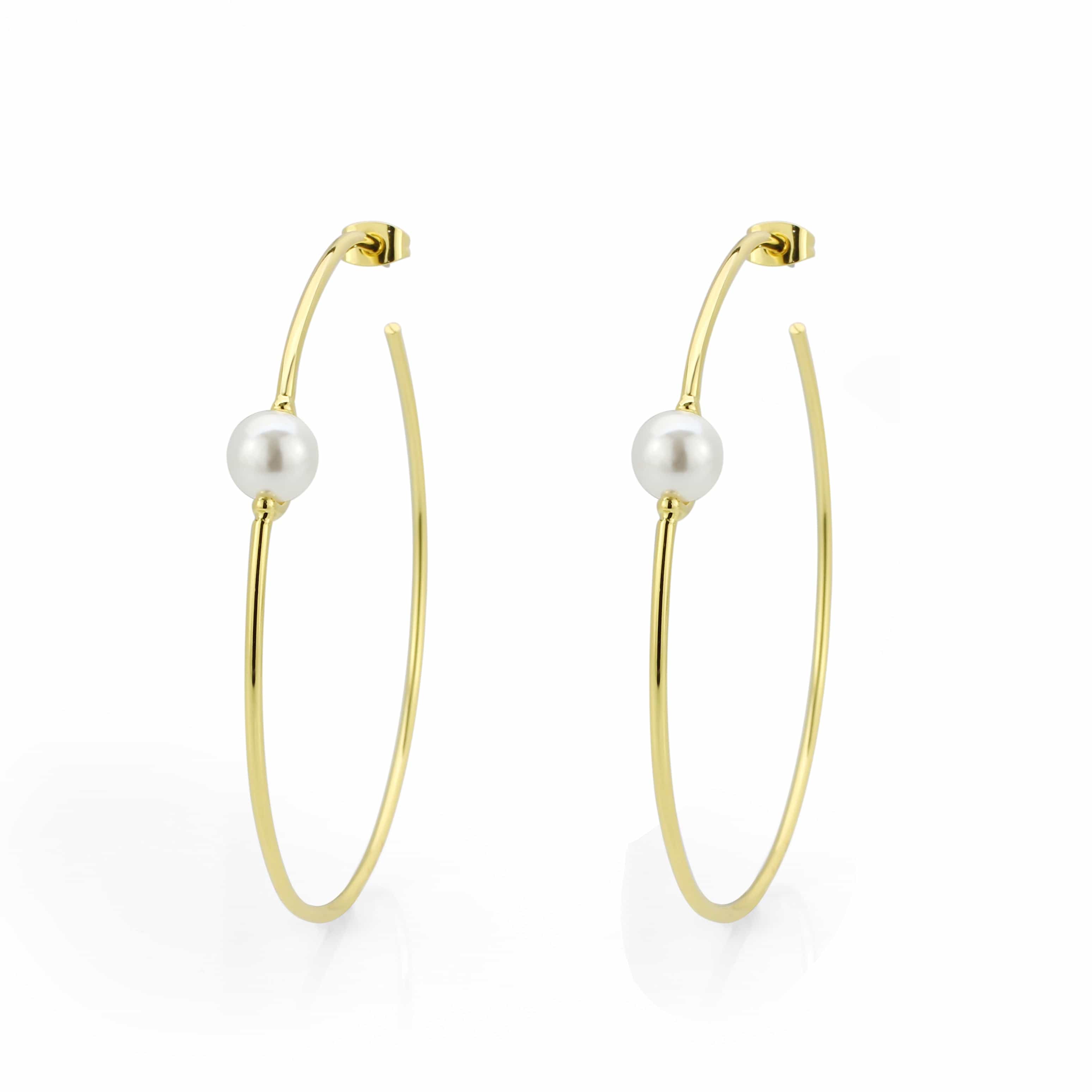 Brass Gold Pearl Accent Thin Large Hoop Earrings view 3