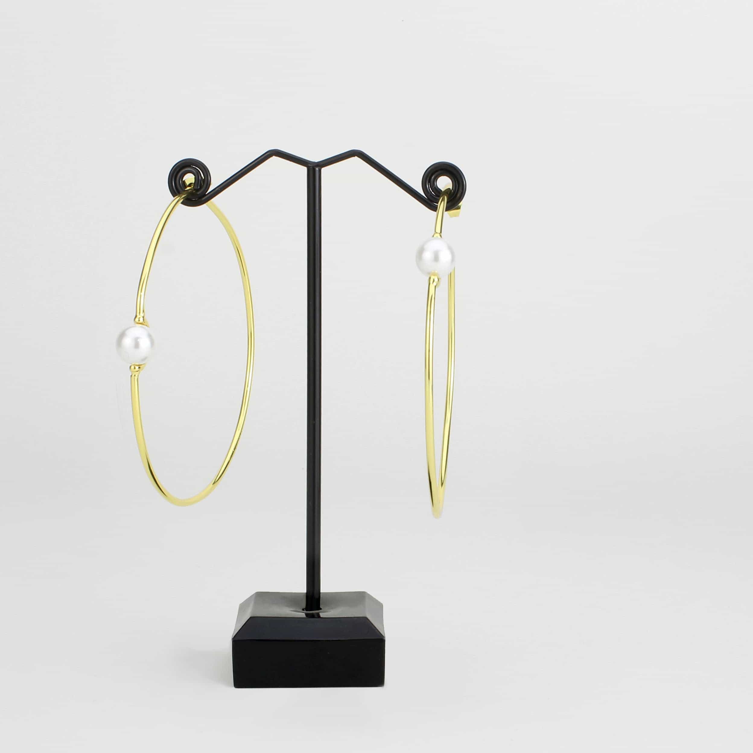 Brass Gold Pearl Accent Thin Large Hoop Earrings view 2