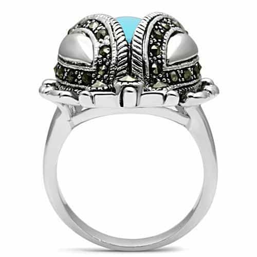 Brass Turquoise Marcasite Feather Vintage Cocktail Ring view 3