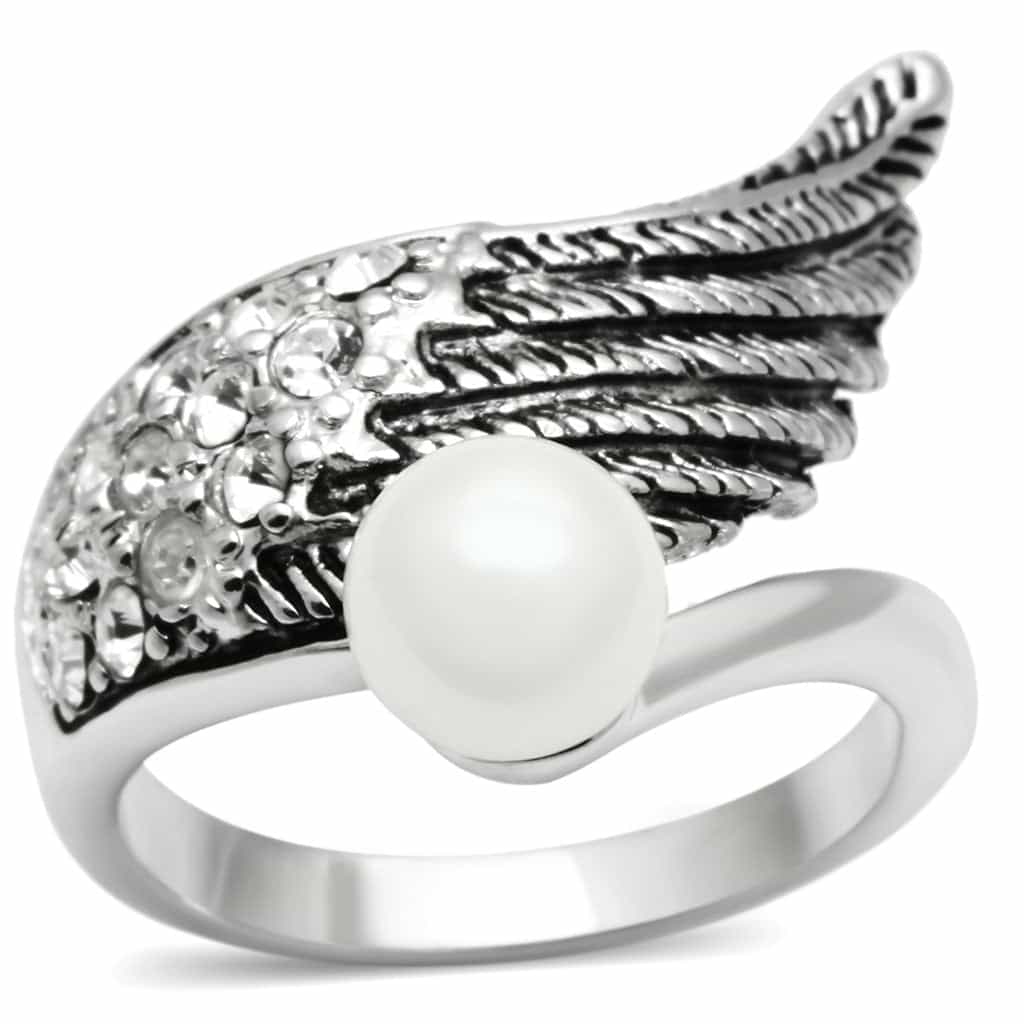 Brass Pearl CZ Angel Wing Cocktail Ring | The Stainless Jewelry view 1
