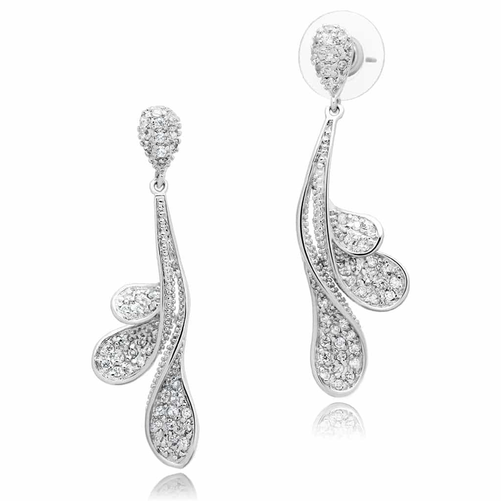 Brass CZ Pave Swirl Vine Long Drop Earrings view 1