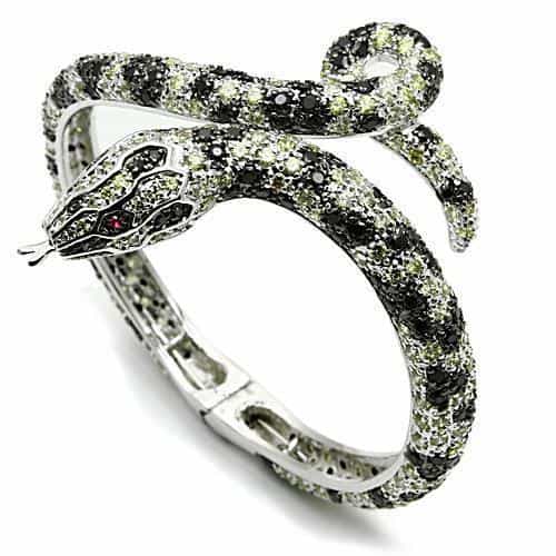 Brass Green Black CZ Panther Hinged Cuff Bracelet view 1