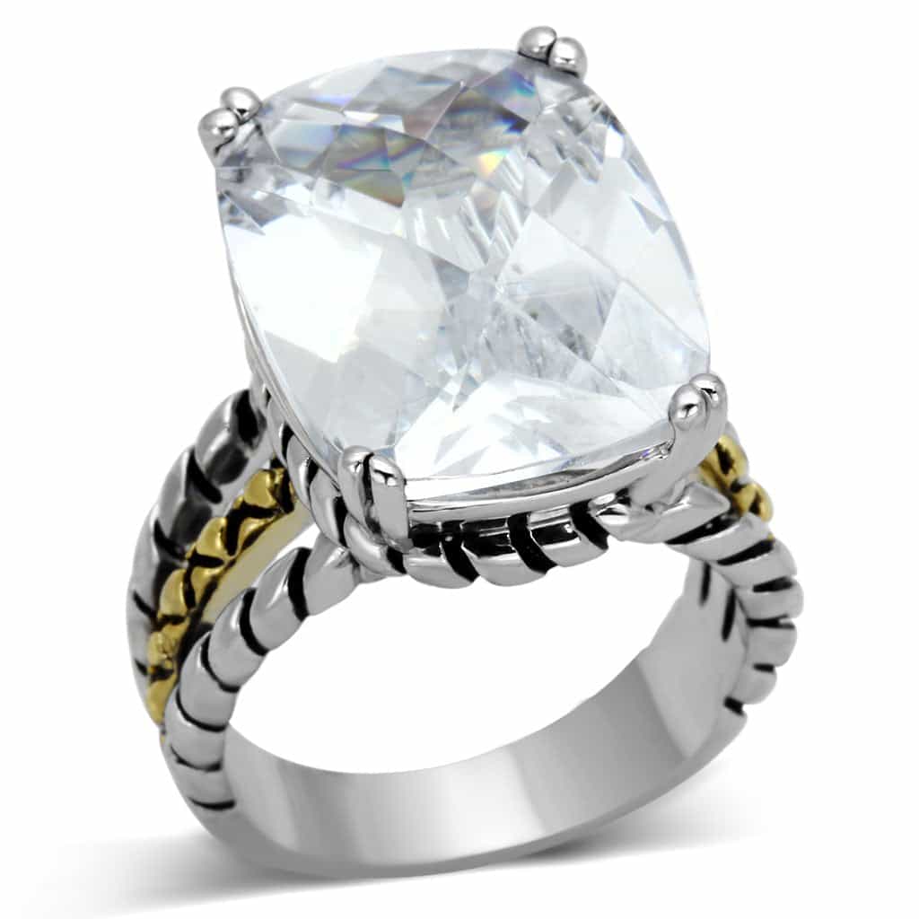Brass Clear CZ Cushion Two-Tone Cable Solitaire Ring view 1