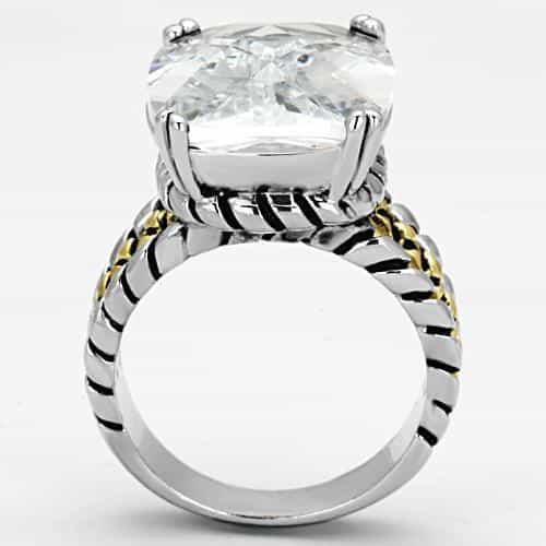 Brass Clear CZ Cushion Two-Tone Cable Solitaire Ring view 3