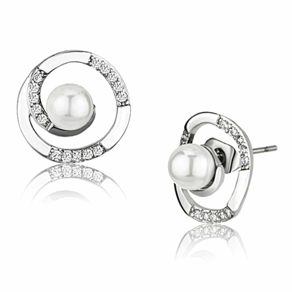 Brass Pearl CZ Double Circle Clip Stud Earrings view 1
