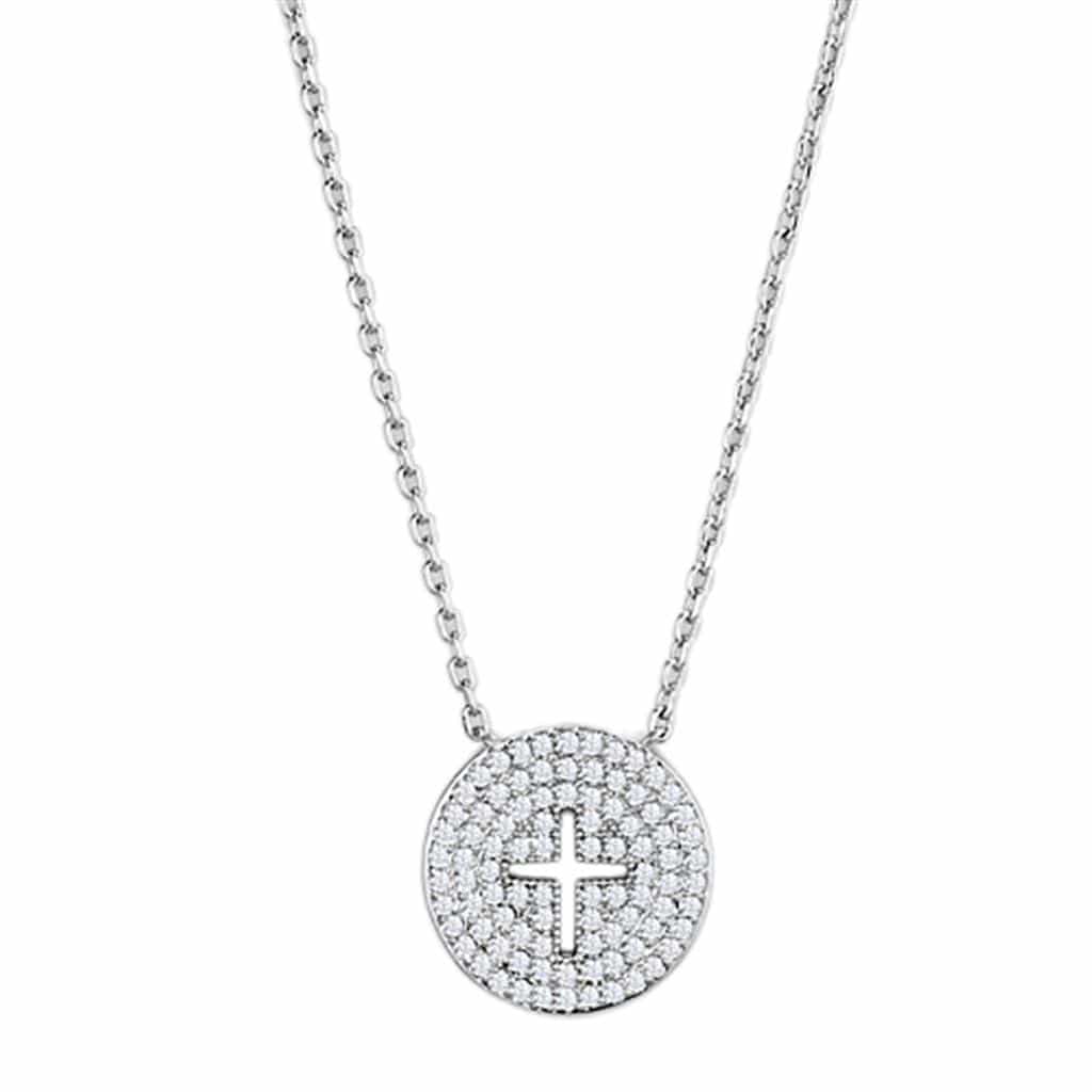 Brass CZ Pave Cross Circle Disc Pendant Necklace view 1