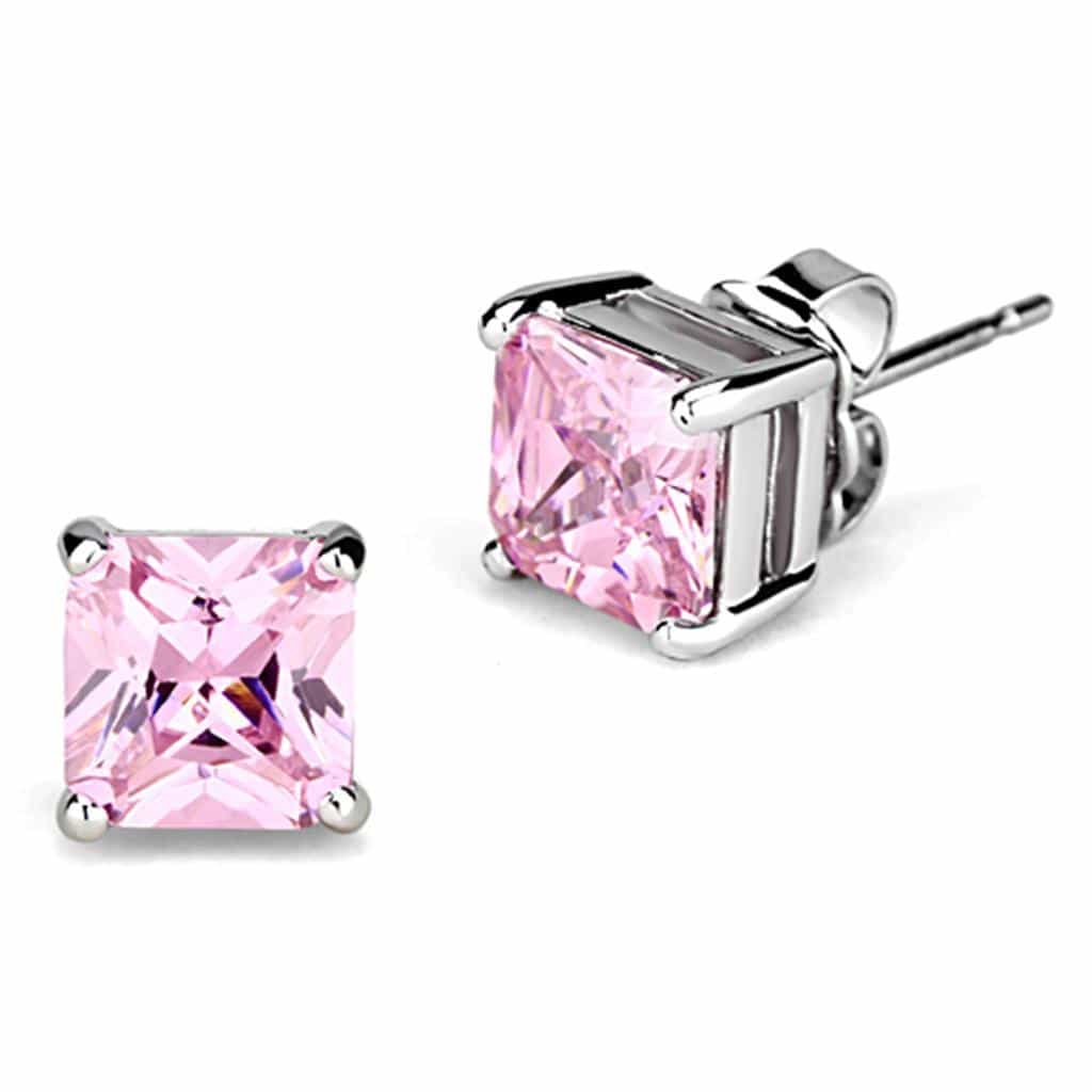 Brass Pink CZ Princess Cut Prong Stud Earrings view 1