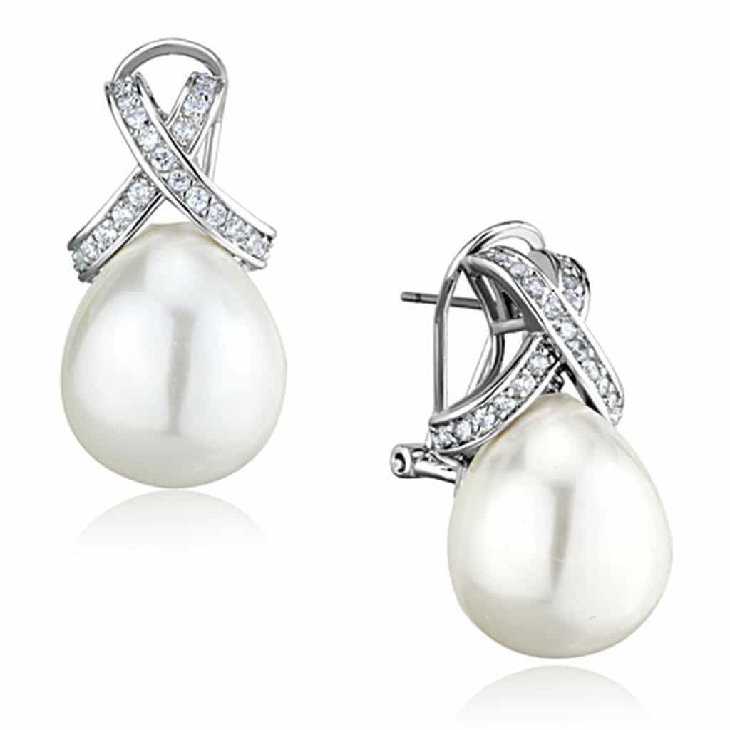 Brass CZ Crossover Pearl Teardrop Stud Earrings view 1