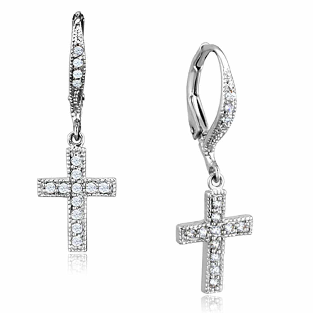 Brass CZ Pave Cross Huggie Dangle Earrings view 1