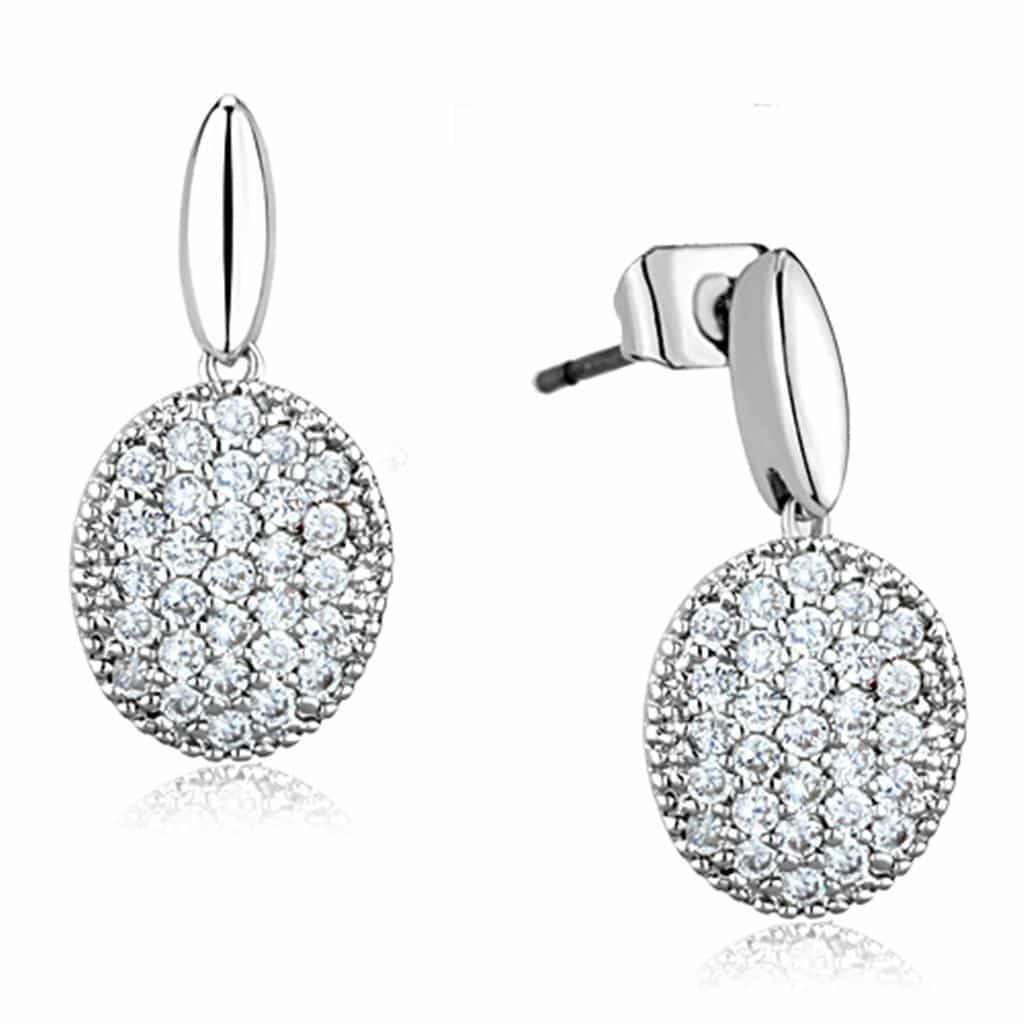Brass CZ Pave Oval Disc Huggie Drop Earrings view 1