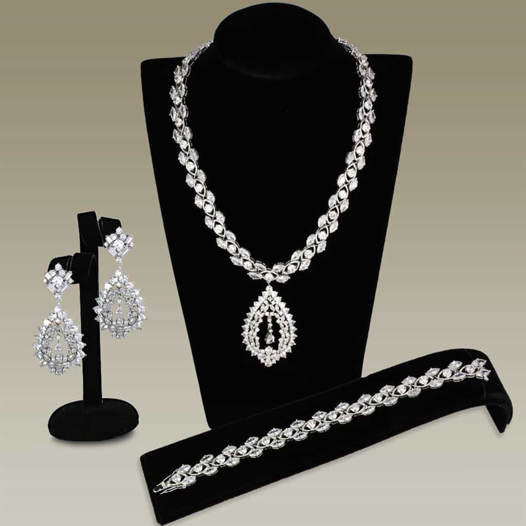 Brass CZ Pear Halo Teardrop Statement Set | The Stainless Jewelry view 1