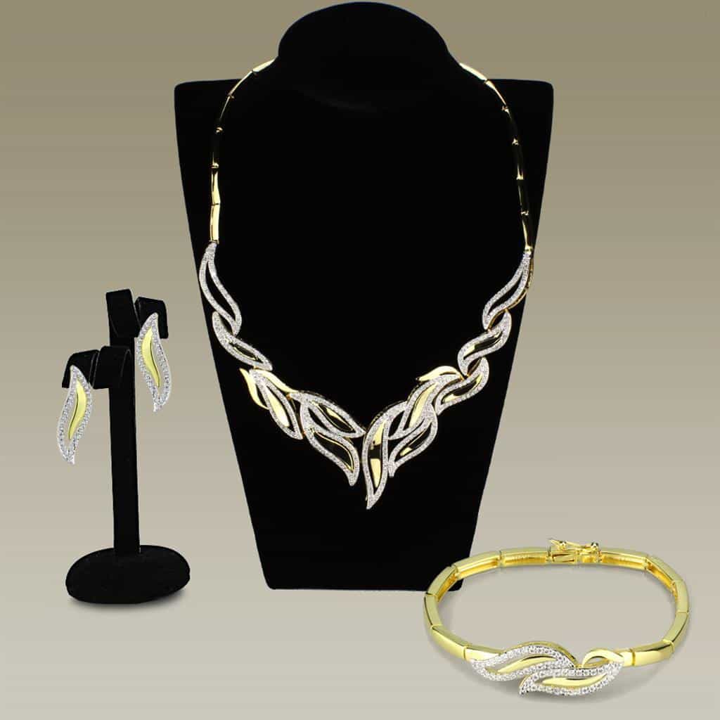 Brass Gold CZ Pave Leaf Wave Collar Set | The Stainless Jewelry view 1