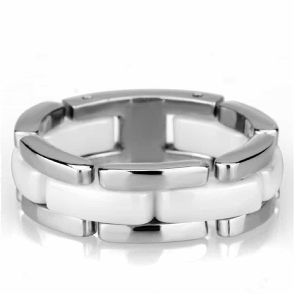Stainless Steel White Ceramic Polished Link Ring view 6