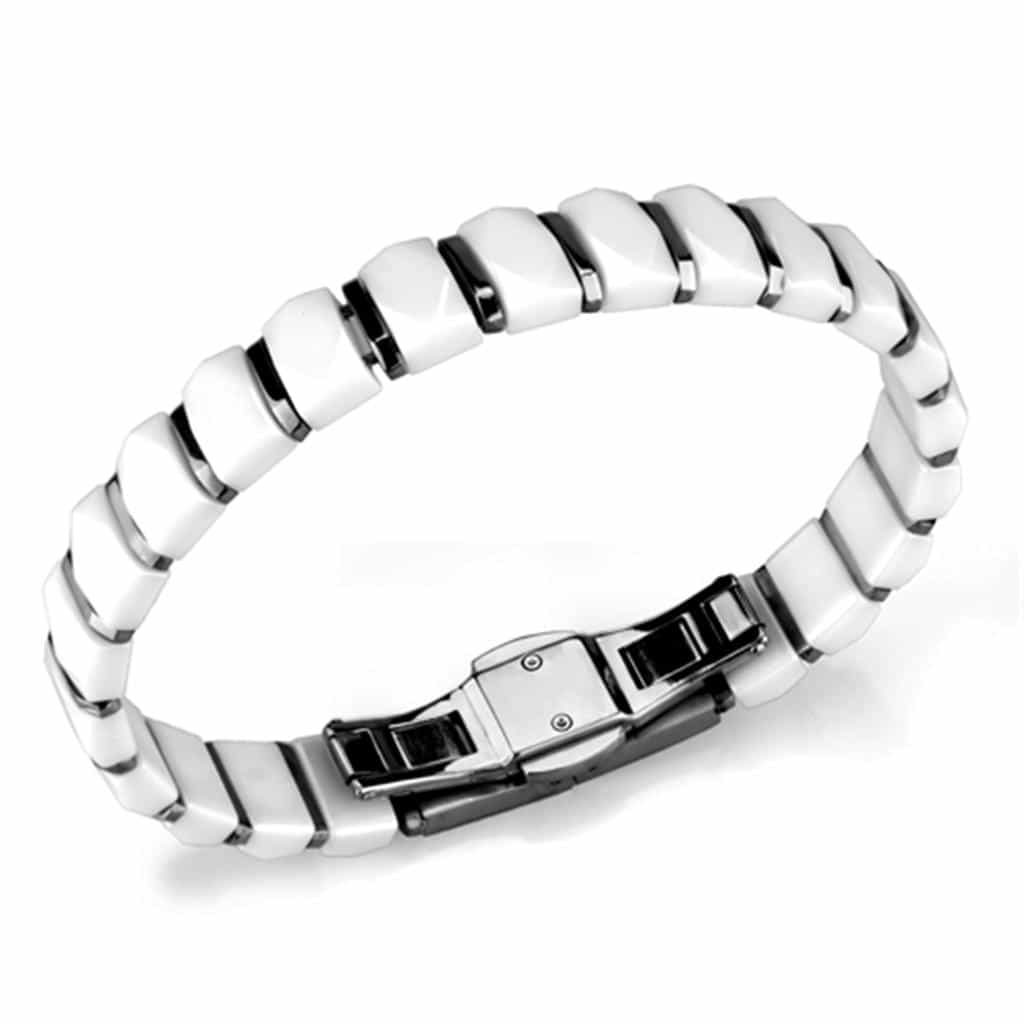 Stainless Steel White Ceramic Silver Dome Link Bracelet view 1
