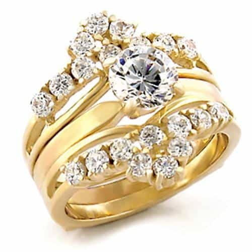 Stainless Steel Gold IP CZ Round Pave Ribbed Bridal Stack Ring view 2