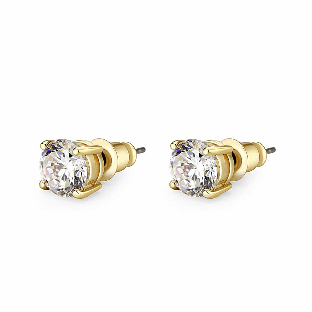 Brass Gold Two Tone CZ Round Solitaire Stud Earrings view 2