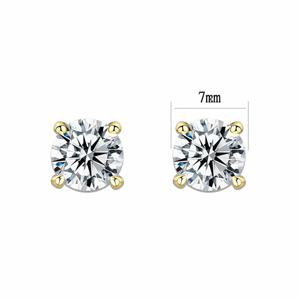 Brass Gold Two Tone CZ Round Solitaire Stud Earrings view 3
