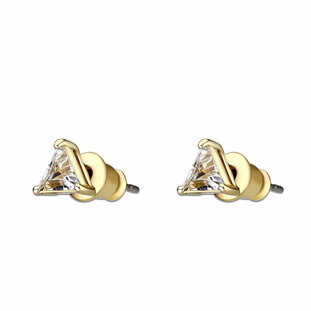 Brass Gold Two Tone CZ Triangle Stud Earrings view 2