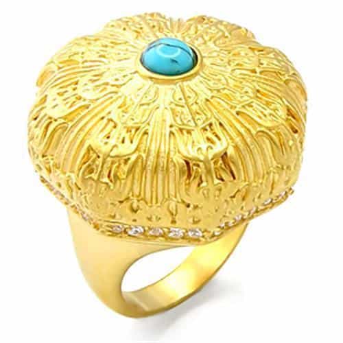 Brass Gold Turquoise Carved Sunflower Dome Ring view 1