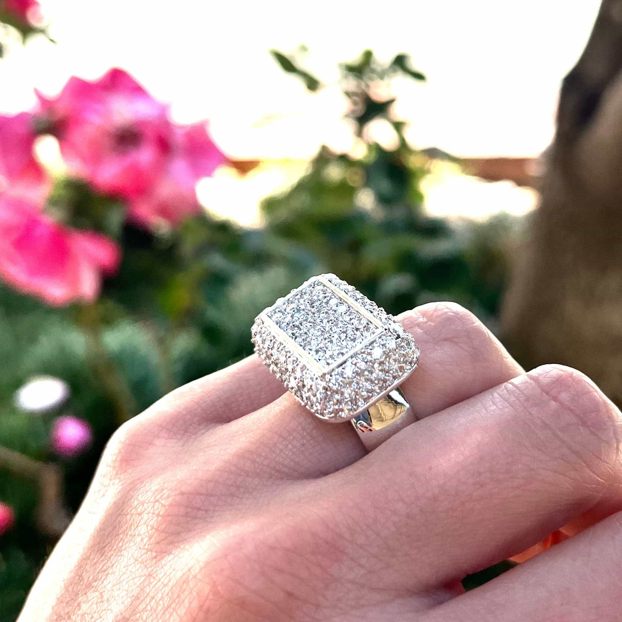 Brass CZ Pave Rectangle Flat Top Signet Ring view 3