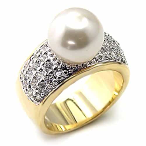 Sterling Silver Gold Pearl CZ Pave Wide Band Ring view 1