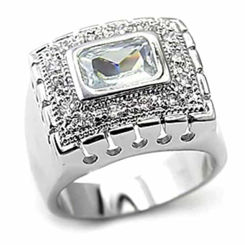 Sterling Silver CZ Emerald Cut Pave Halo Signet Ring view 1
