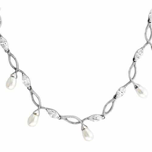 Sterling SilverPearl CZ Vine Drop Station Necklace view 2