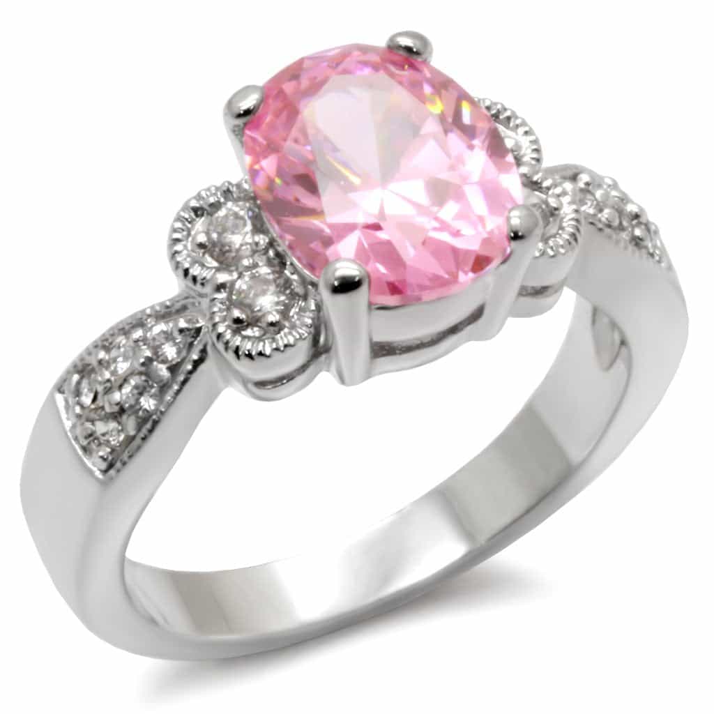 Sterling Silver Pink CZ Oval Pave Bow Accent Solitaire Ring view 1