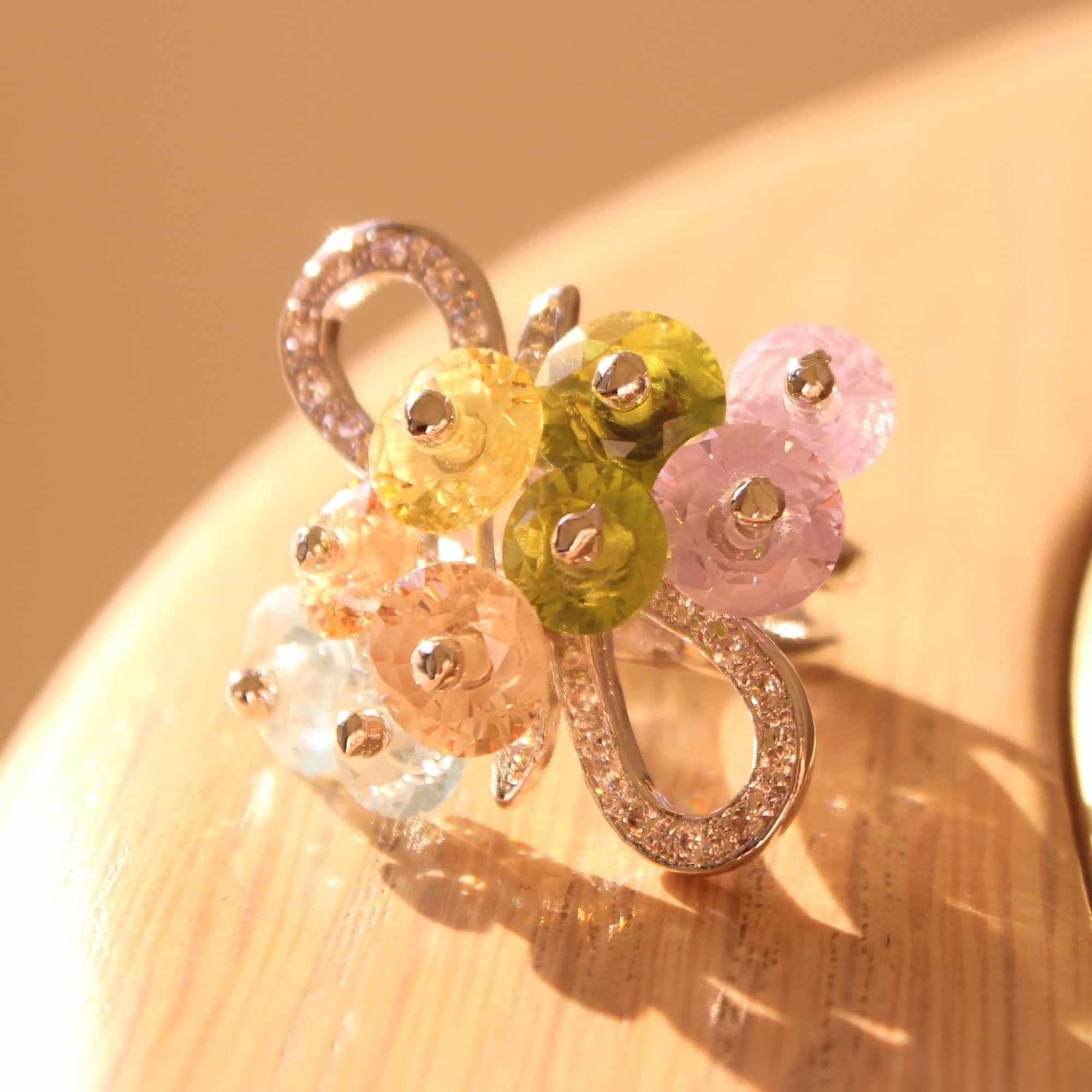 Brass Multi Glass Flower Bead Cluster Ring view 1