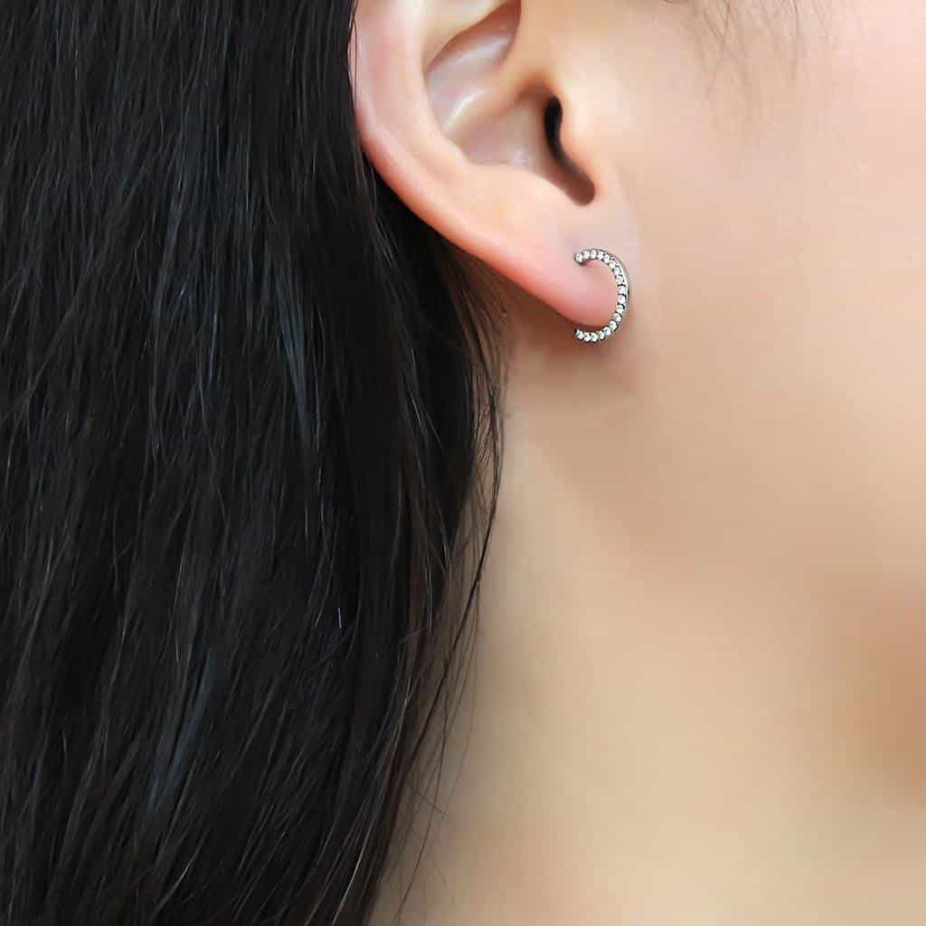 Stainless Steel CZ Pave C Hoop Stud Earrings view 3