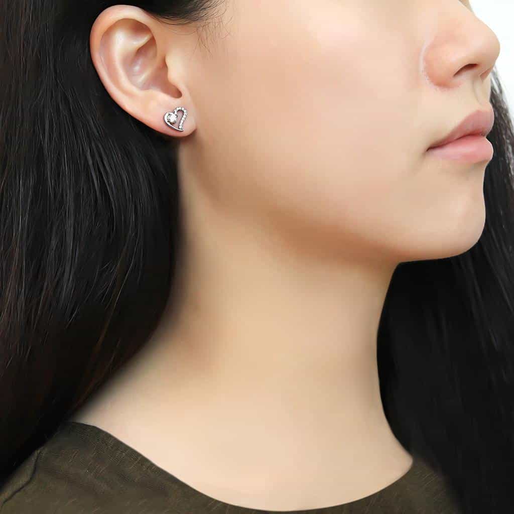 Stainless Steel CZ Pave Open Heart Swirl Stud Earrings view 3