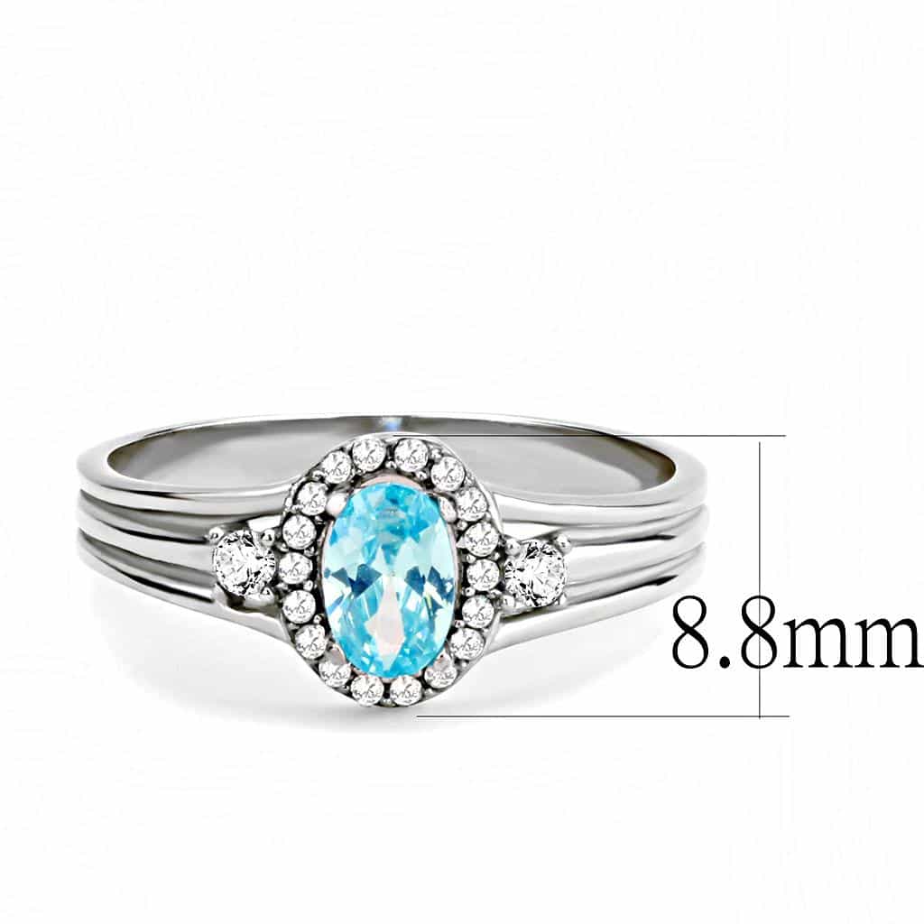 Stainless Steel Blue Topaz Oval Pave Halo Double Band Ring view 7