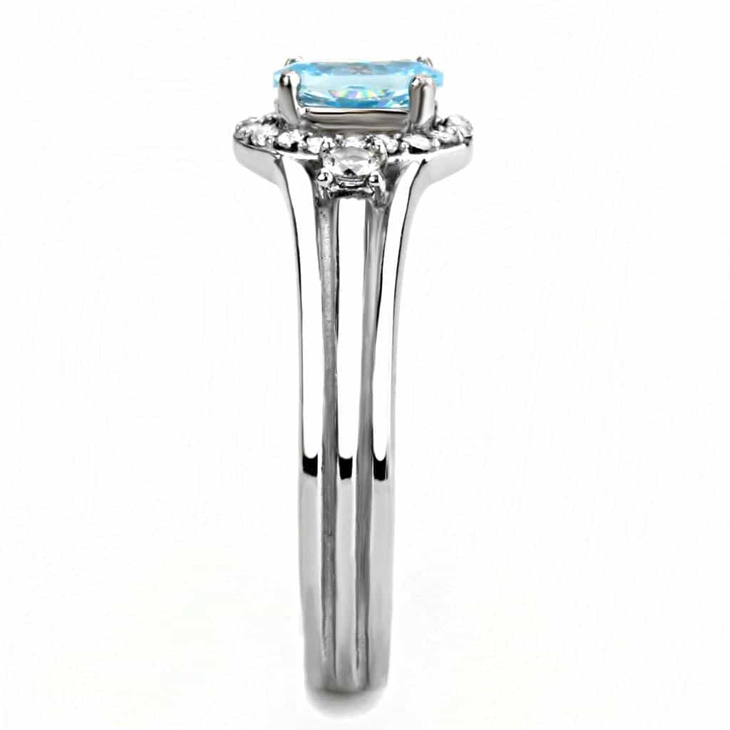 Stainless Steel Blue Topaz Oval Pave Halo Double Band Ring view 9