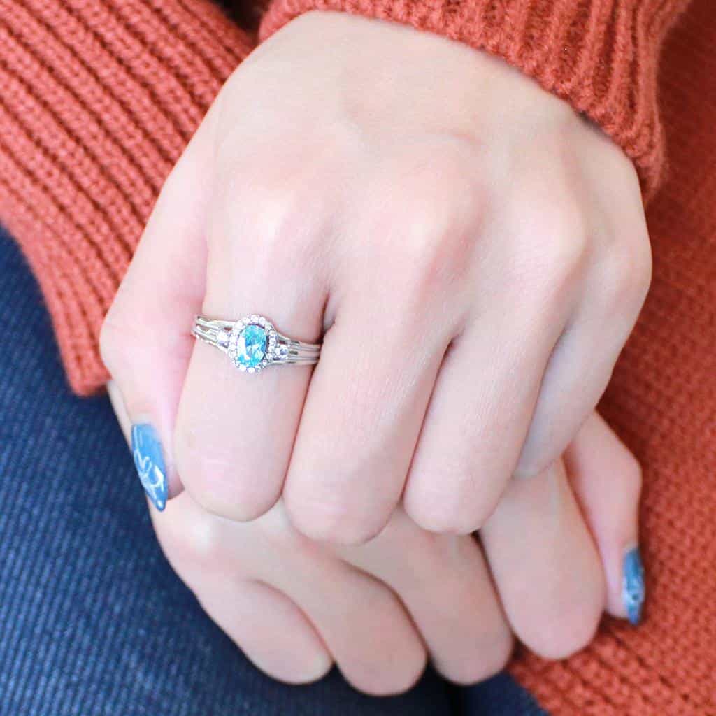 Stainless Steel Blue Topaz Oval Pave Halo Double Band Ring view 5