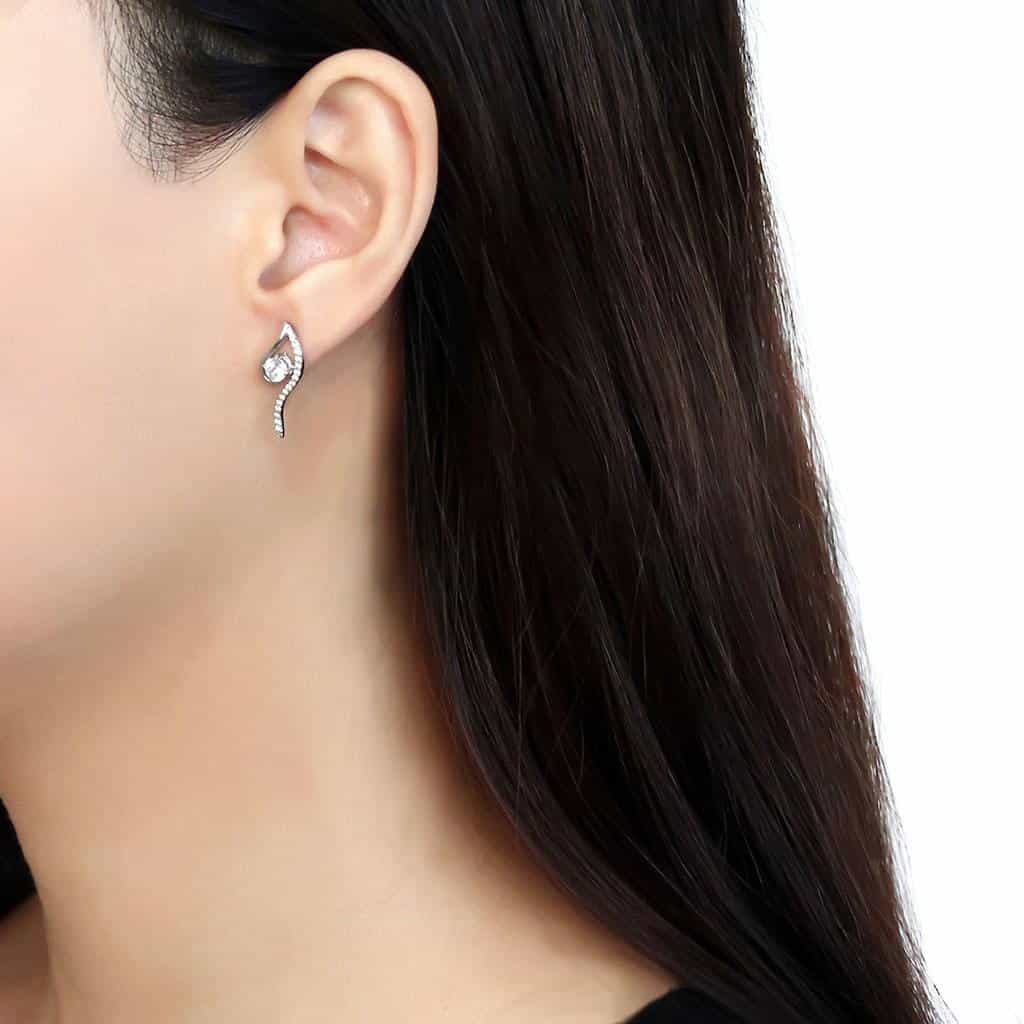 Stainless Steel CZ Round Pave S Wave Climber Studs Earrings view 3