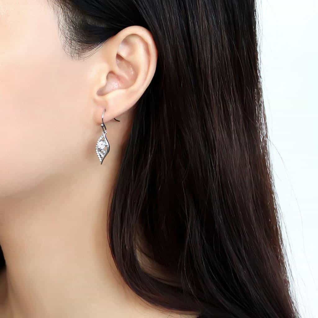 Stainless Steel CZ Pave Twisted Teardrop Cage Dangle Earrings view 3